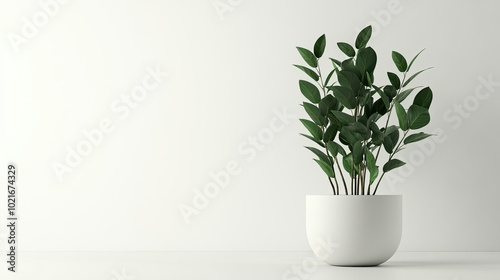 Trendy ZZ plant with glossy dark green leaves, standing in a minimalist white planter, isolated on a clean white background. Perfect for home or office design.