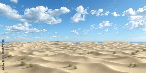 A vast expanse of sand dunes under a blue sky with white clouds photo