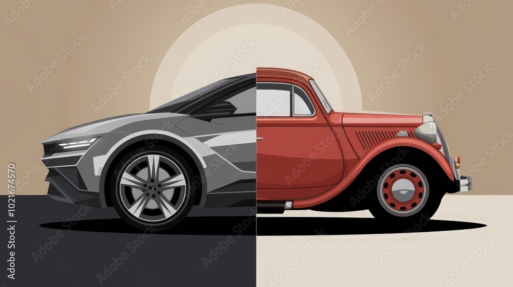 Side-by-side comparison of a new modern car and an old vintage car, split 50/50, showcasing technological evolution and design contrast Side-by-side comparison of a new modern car and an old vintage car, split 50/50, showcasing technological evolution and design contrast