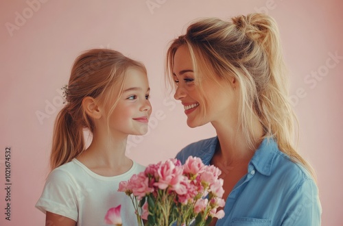 A joyful mother and daughter share a special moment with pink flowers against a pastel background