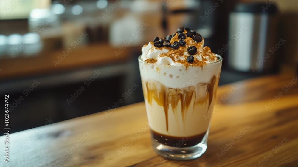 A visually stunning cup of homemade Dalgona coffee takes center stage in this image. A visually stunning cup of homemade Dalgona coffee takes center stage in this image.
