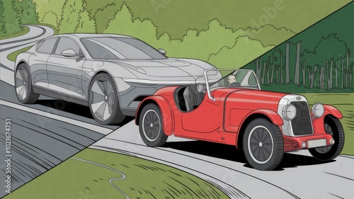 Side-by-side comparison of a new modern car and an old vintage car, split 50/50, showcasing technological evolution and design contrast
