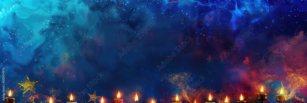 Fototapeta premium horizontal banner, postcard, Hanukkah, blue background, small burning candles, sparks, glitter and radiance, bokeh effect, copy space, free space for text