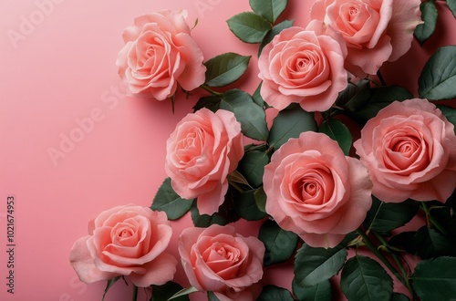 Delicate pink roses arranged on a soft pink background with green leaves for a charming display