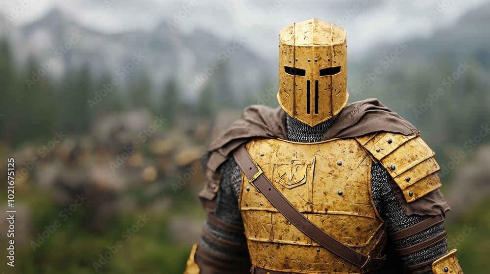 Fototapeta premium Golden Armored Warrior in Majestic Landscape