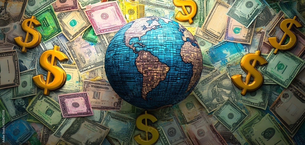 A colorful globe surrounded by various currencies, symbolizing global finance and the economy, emphasizing wealth and trade. A colorful globe surrounded by various currencies, symbolizing global finance and the economy, emphasizing wealth and trade.