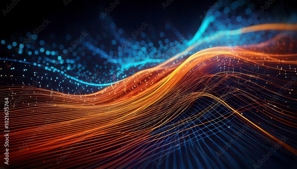 Curved Data Lines With Shallow Depth Of Field. Blue and orange. Technology and Computer Network Background. Generated image Curved Data Lines With Shallow Depth Of Field. Blue and orange. Technology and Computer Network Background. Generated image