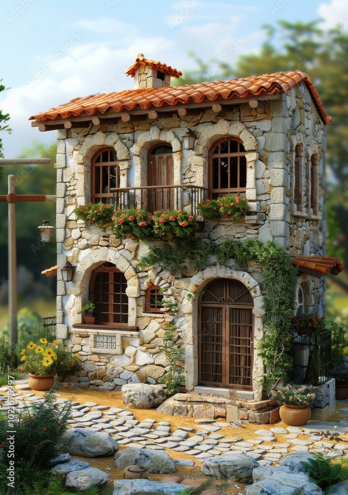 Fototapeta premium Charming Stone Cottage Exterior Illustration