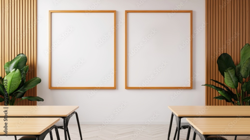 Fototapeta premium Modern Classroom with Gold Frames and Green Plants