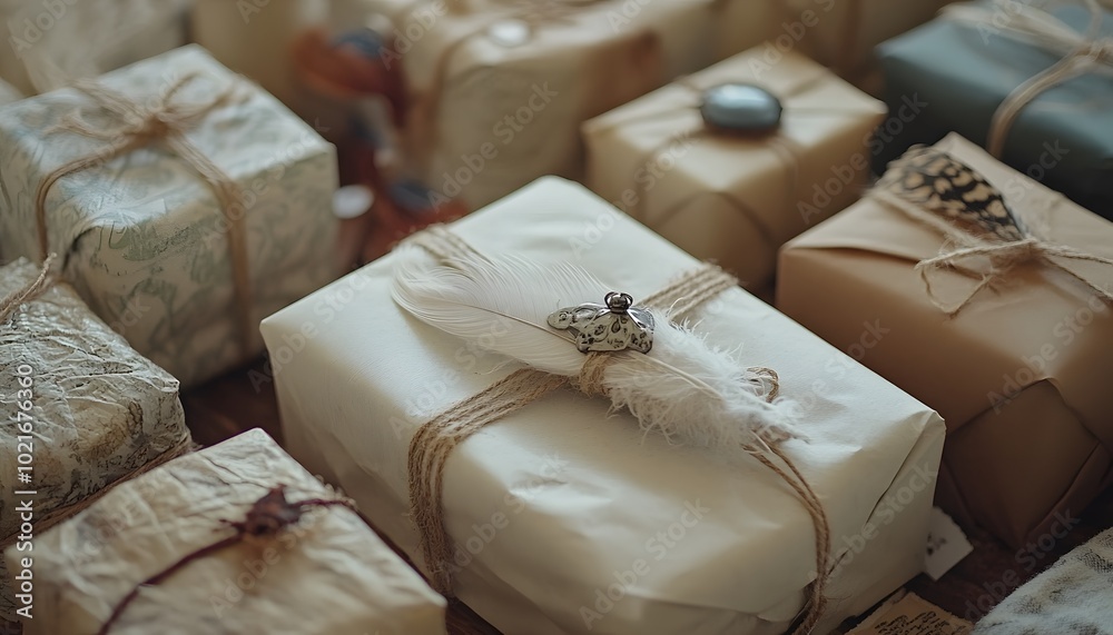 A beautiful arrangement of wrapped gifts adorned with ribbons and unique decorations, perfect for any celebration. A beautiful arrangement of wrapped gifts adorned with ribbons and unique decorations, perfect for any celebration.