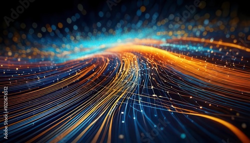 Curved Data Lines With Shallow Depth Of Field. Blue and orange. Technology, Computer Network. Generated image
