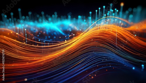 Curved Data Lines With Shallow Depth Of Field. Blue and orange. Technology, Computer Network. Generated image