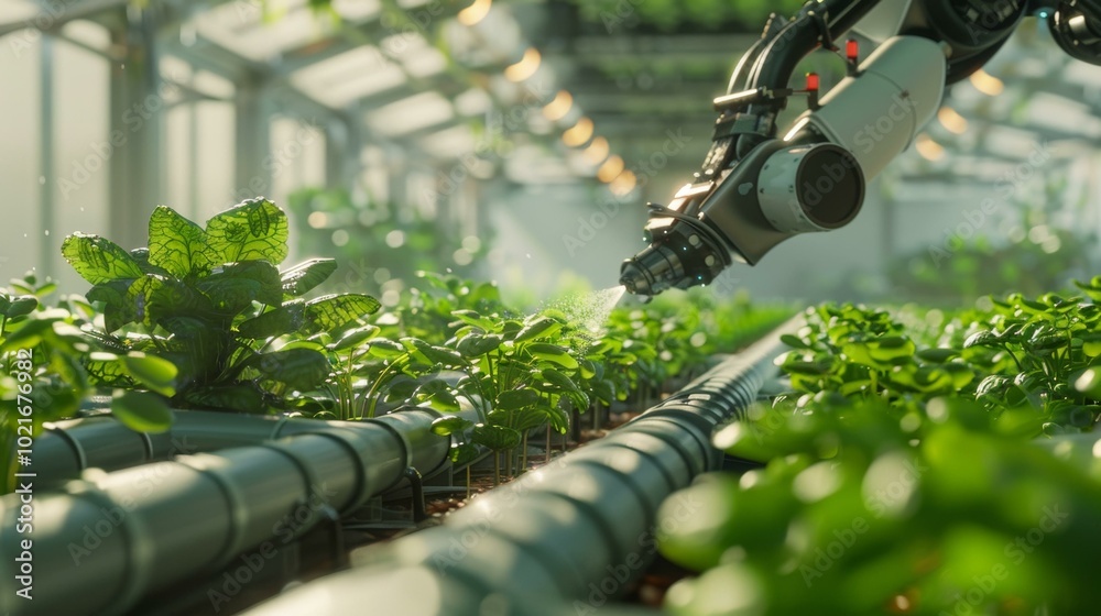 Automated greenhouse with robotic arm spraying water on the plants Automated greenhouse with robotic arm spraying water on the plants
