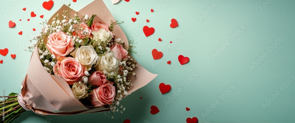 A beautiful bouquet of roses arranged with decorative hearts on a pastel backdrop A beautiful bouquet of roses arranged with decorative hearts on a pastel backdrop