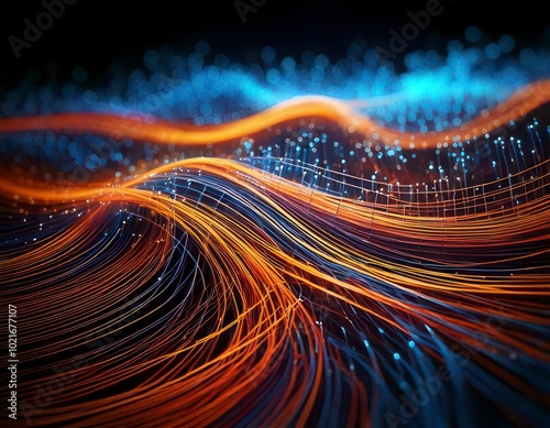 Curved Data Lines With Shallow Depth Of Field. Blue and orange. Technology, Computer Network. Generated image