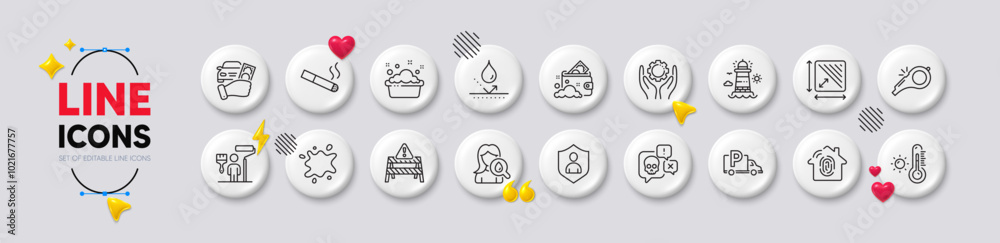 Truck parking, Launder money and Square area line icons. White buttons 3d icons. Pack of Employee hand, Cyber attack, Security icon. Lighthouse, Dirty spot, Painter pictogram. Vector Truck parking, Launder money and Square area line icons. White buttons 3d icons. Pack of Employee hand, Cyber attack, Security icon. Lighthouse, Dirty spot, Painter pictogram. Vector