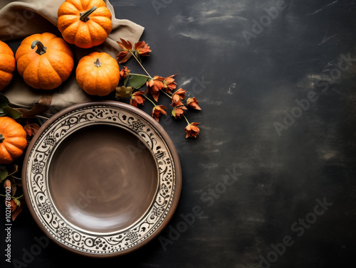 lat lay composition of autumn harvest pottery and copy space. Rustic stoneware with fall decor. neutral plate on neutral background with pumpkins and herbs. Wabi sabi potteryn. Food blog concept photo