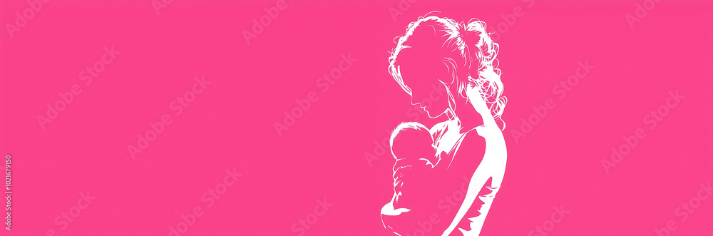 Pink silhouette of a beautiful motherhood scene. Woman holding her baby. Minimal concept of maternity ward or importance of breastfeeding, nursing. Background with copy space. Pink silhouette of a beautiful motherhood scene. Woman holding her baby. Minimal concept of maternity ward or importance of breastfeeding, nursing. Background with copy space.
