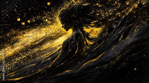 A golden and black abstract painting of flowing fabric, with the body in dark tones