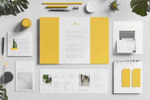 a yellow and white stationery set on top of a table