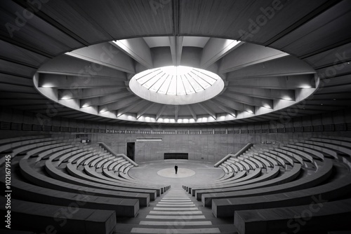 A solitary figure stands in the spotlight of a grand amphitheater, a dramatic composition of architectural grandeur and existential solitude.