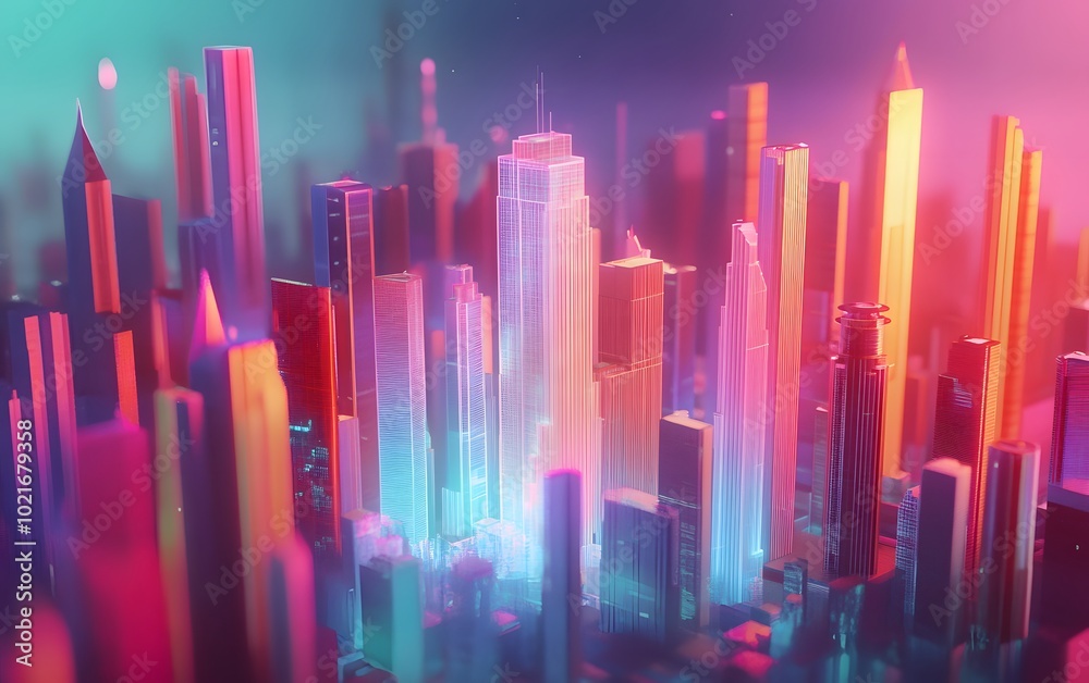 Vibrant city skyline illuminated by colorful lights, showcasing modern architecture in an abstract and dreamy atmosphere. Vibrant city skyline illuminated by colorful lights, showcasing modern architecture in an abstract and dreamy atmosphere.
