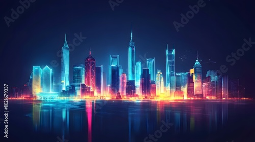 Vibrant city skyline featuring illuminated buildings and a reflective surface. Perfect for conveying modern urban life and energy.