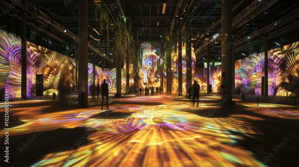 Enchanted Nature: Immersive Outdoor Light Projection of Vibrant Patterns and Colors on Large Canvas Enchanted Nature: Immersive Outdoor Light Projection of Vibrant Patterns and Colors on Large Canvas