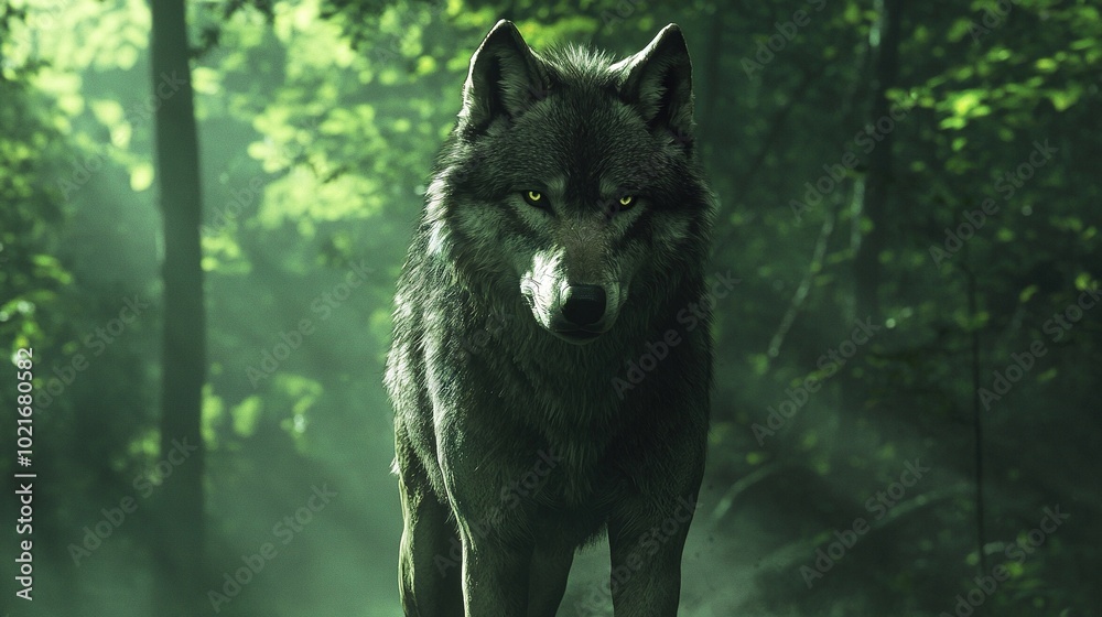 A wolf in the forest, bathed in sunlight, surrounded by trees A wolf in the forest, bathed in sunlight, surrounded by trees