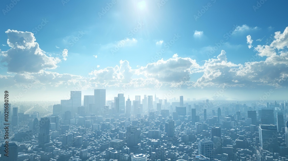 Cityscape Aerial View with Bright Sunlight and Clouds Cityscape Aerial View with Bright Sunlight and Clouds