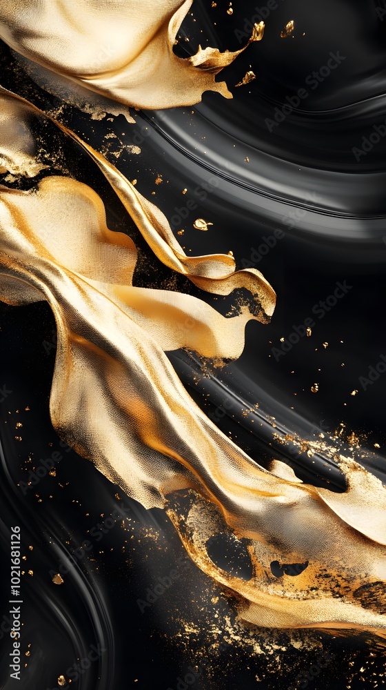A golden and black abstract painting of flowing fabric, with the body in dark tones A golden and black abstract painting of flowing fabric, with the body in dark tones