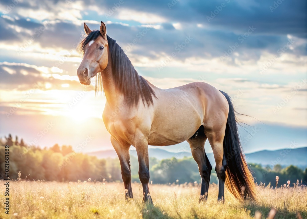 Majestic mare stands gracefully in a sunlit meadow during golden hour. Generative AI Majestic mare stands gracefully in a sunlit meadow during golden hour. Generative AI