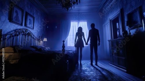 A mysterious bedroom setting with two figures holding hands on a bed, bathed in soft, sinister lighting