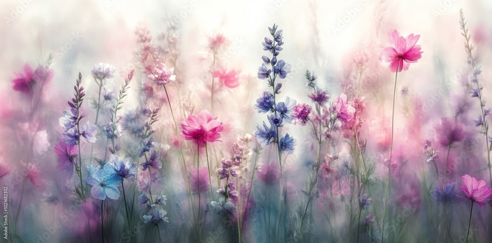 Naklejka premium Colorful wildflowers blooming in a lush field during a bright spring morning