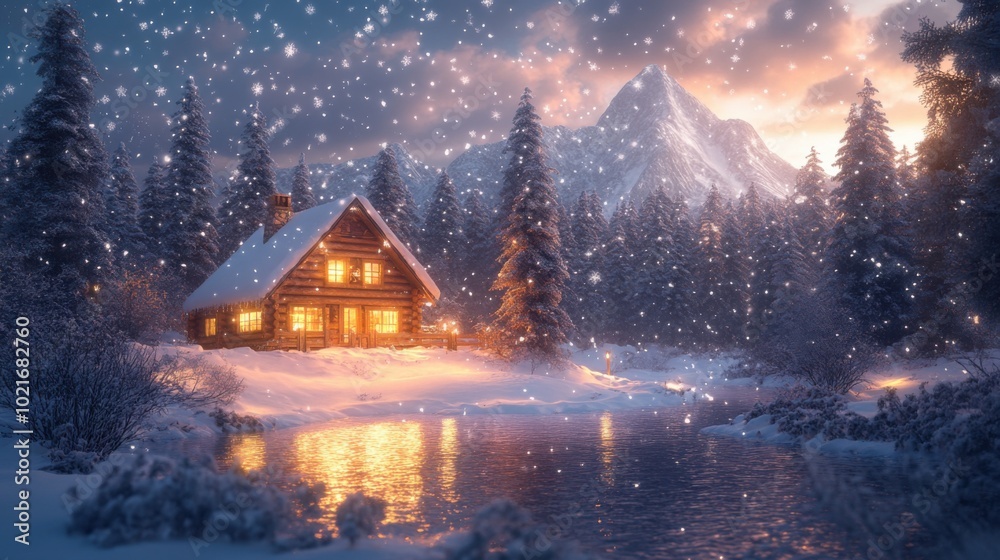 Snowy scene of a cabin in the woods with a stream Snowy scene of a cabin in the woods with a stream