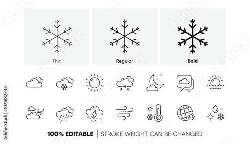 Cloudy sky, winter snowflake, thermometer. Weather and forecast line icons. Moon night, rain and sunset icons. Weather temperature, meteorology forecast. Linear set. Line icons set. Vector