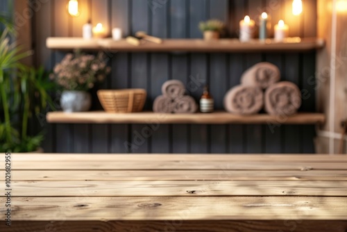 photography, empty wooden table demonstration of bath and sauna products, the concept of rest and relaxation, blurred sauna background, sunlight, free space