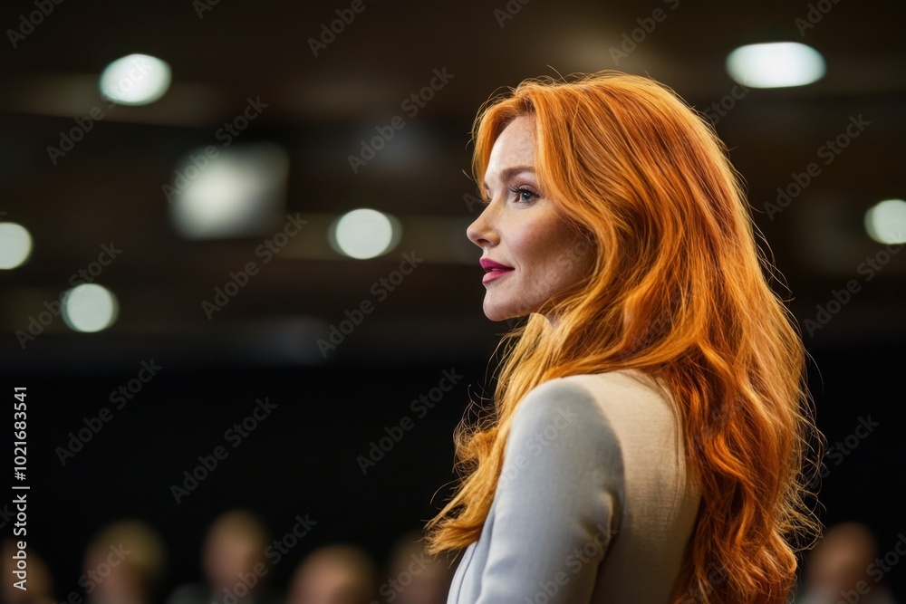 a woman with long red hair standing in front of a crowd