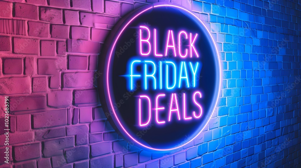 Fototapeta premium Multicolor Neon 'BLACK FRIDAY DEALS' Sign on a Brick Wall
