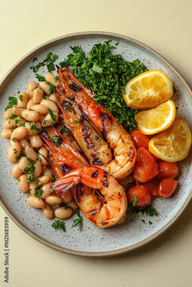 Grilled shrimp served over white beans with herbs on a rustic plate in natural light Grilled shrimp served over white beans with herbs on a rustic plate in natural light