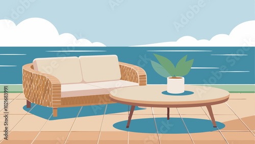 The patio features a stylish woven wicker sofa and a round coffee table creating the perfect spot for enjoying the ocean breeze.