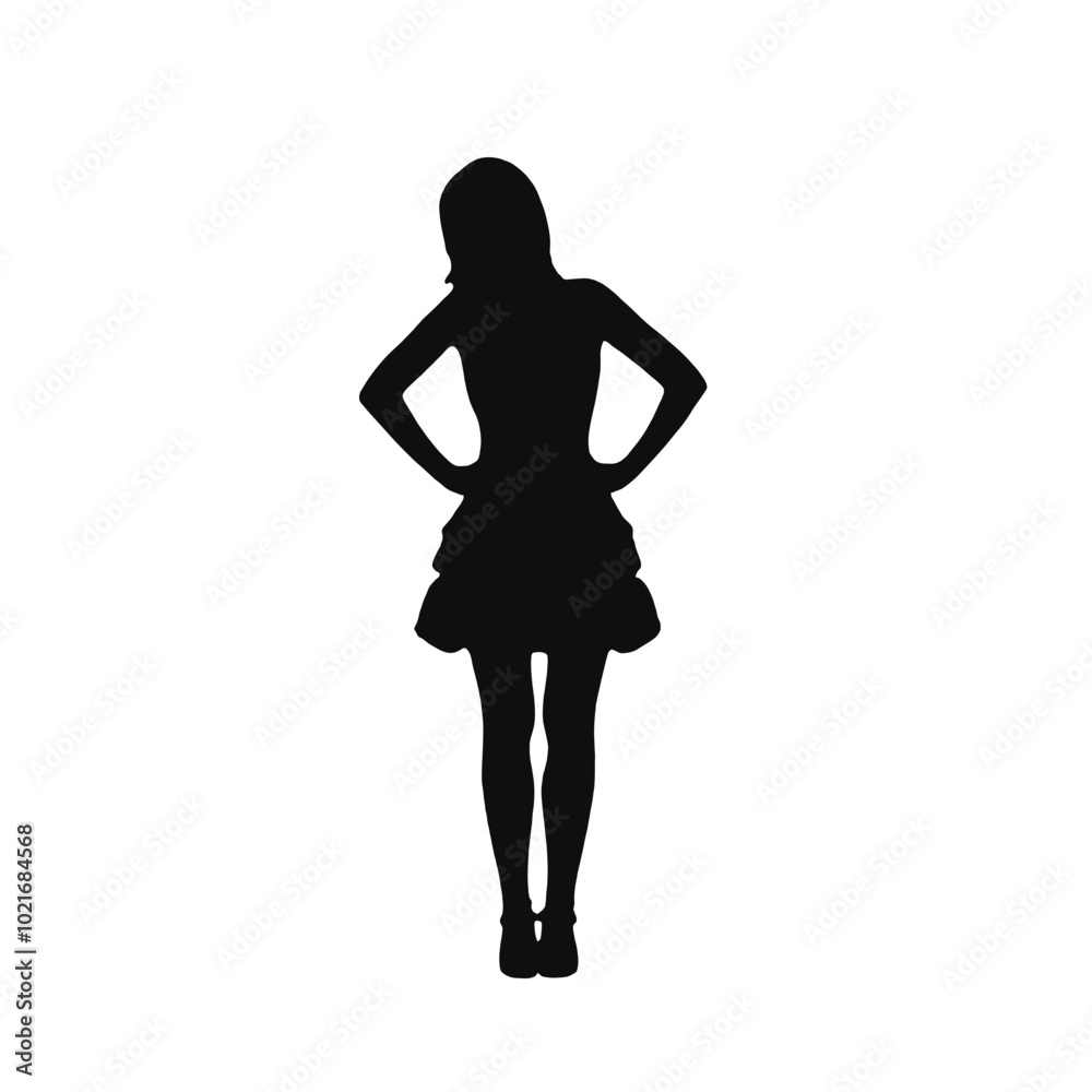 A silhouette of a woman wearing a dress with a ruffled skirt, standing with her hands on her hips A silhouette of a woman wearing a dress with a ruffled skirt, standing with her hands on her hips