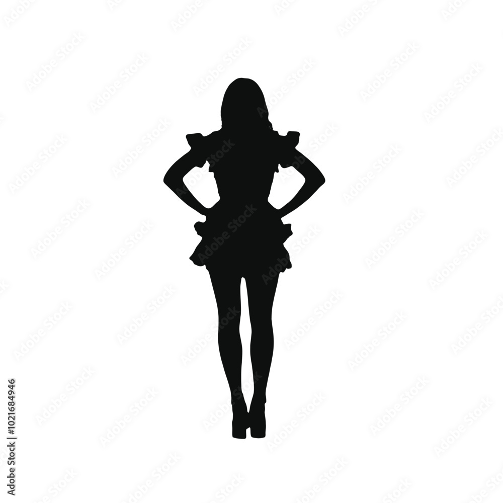 Fototapeta premium A silhouette of a woman wearing a dress with a ruffled skirt, standing with her hands on her hips