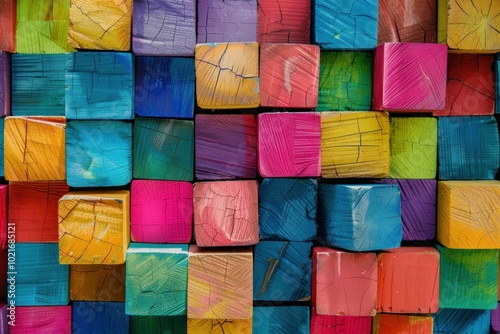 Vibrant collection of painted wooden cubes creates an interesting and textured background