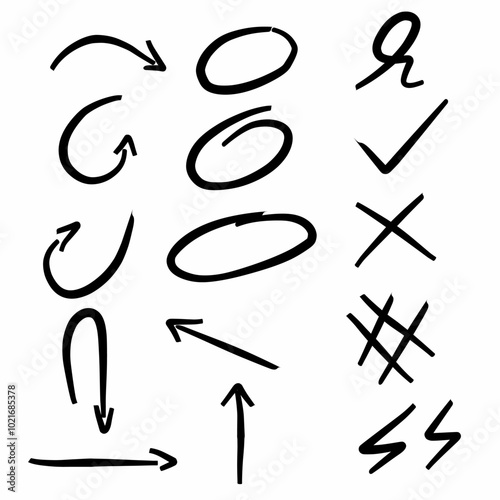 Set of doodles arrows, circles, hash marks, check marks. Isolated on white background, vector illustration