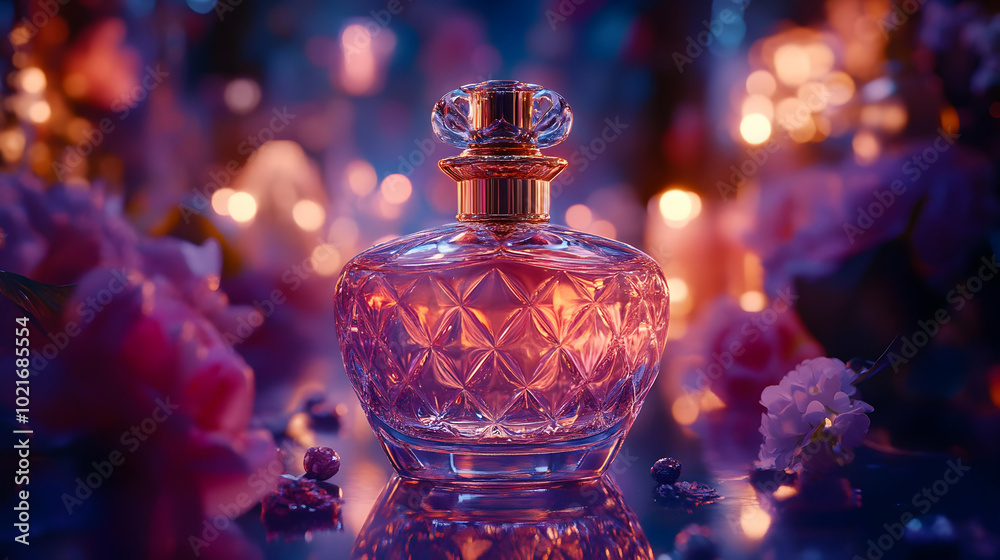 Glass Perfume Bottle with Floral Bokeh Background Illustration Glass Perfume Bottle with Floral Bokeh Background Illustration