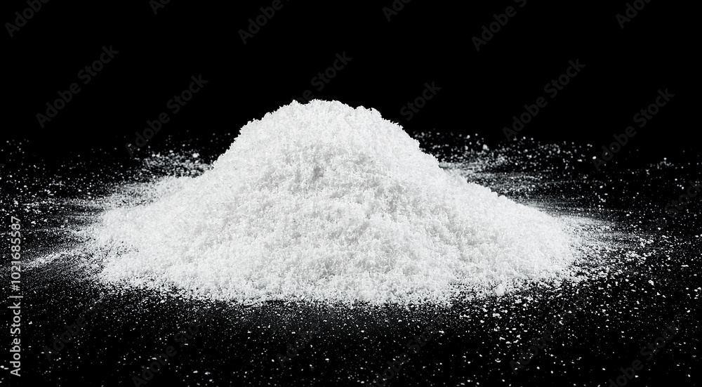 Large snow heap, snowdrift isolated on black background, snowy texture. White fluffy snow.