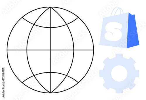 A globe outline is paired with a shopping bag and a gear. Ideal for global commerce e-commerce digital marketing technology international trade. Clean minimal design with a professional feel