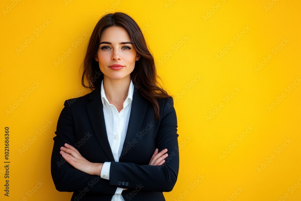 Confident Businesswoman in Stylish Suit Against Yellow Background Confident Businesswoman in Stylish Suit Against Yellow Background