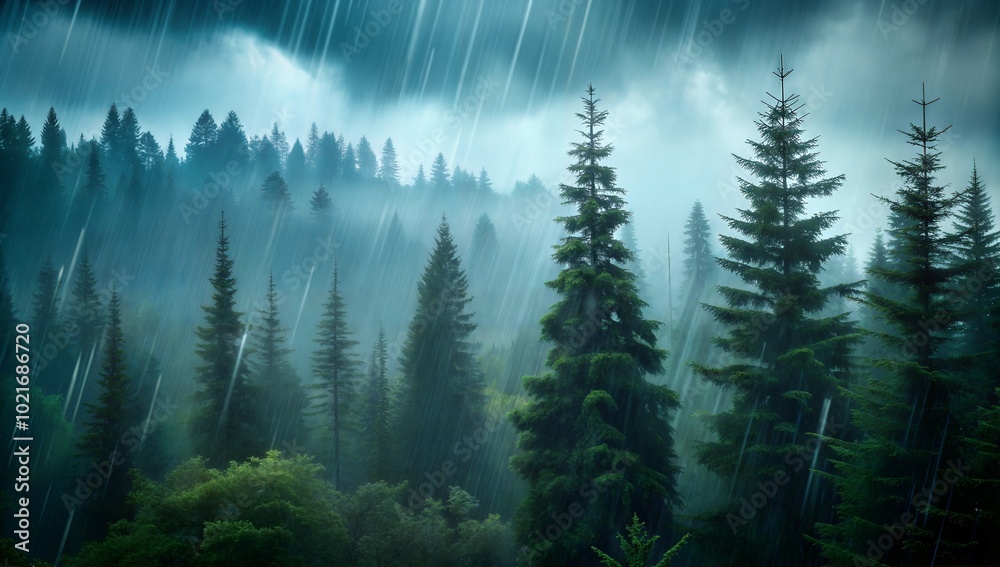 A heavy rain falls over the dense forest, creating a serene atmosphere. The tall trees are shrouded in mist, enhancing the peaceful morning vibe. Generative AI A heavy rain falls over the dense forest, creating a serene atmosphere. The tall trees are shrouded in mist, enhancing the peaceful morning vibe. Generative AI